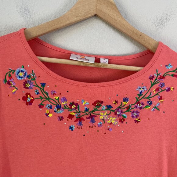 Quacker Factory Womens Plus 1X Embroidered Floral Top Coral 3/4 Sleeve Shirt - Picture 9 of 11